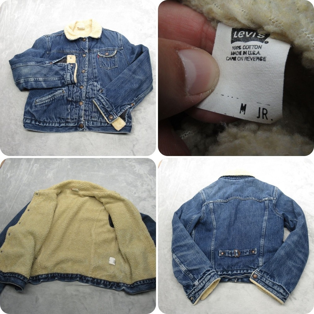 Levis Denim‎ Jacket Youth Medium Blue Sherpa Lined Red Tab Trucker USA Made VTG